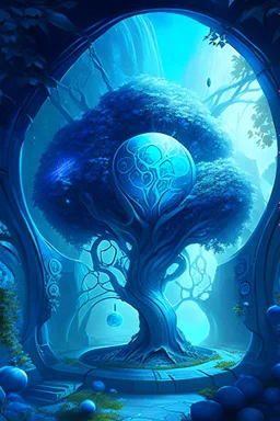 A bright blue Persian sci-fi garden dungeon with a silver apple tree at its center