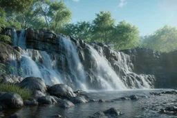 Sunny day, Epic waterfall landscape, rocks foreground