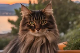long haired cat with dark brown and black horizontal stripes. Dark brown and black vertical stripes on head, Sorrento at sunset in background, fluffy tail, dark chest