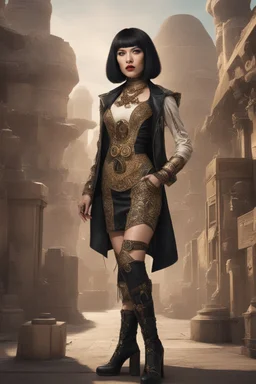 full-body-art of a woman with a bob with a fringe hairstyle, Cleopatra clothing, black knee-high boots, steampunk city background