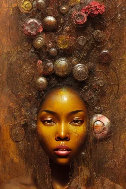 an abstract painting of rusted metal and flowers, african portrait, rust, scaffolding, iron cladding, decay, mixed media, textured, anatomically correct, beautiful perfect face, sharp focus, highly detailed