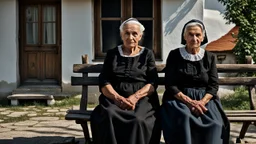 gloomy-looking old women sitting in black hungarian villager dress and wearing east european black head scharf on wooden bench in front of white old house outside in an authentic east european ,hungarian village, high detalied, professional photo, high qualit, high textures. The high-resolution image captures the essence of authenticity and realism, transporting the viewer to another time and place.