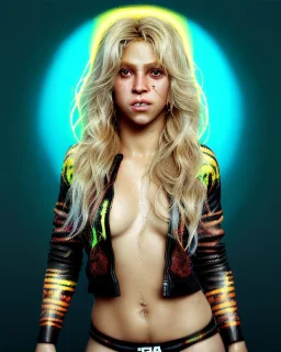 portrait, Shakira, blonde artist, angry, Realistic image, MMA robe, hoodie, mouthguard, nose, band aid, loose long hair, eyes make up, line gold make up, glow, circle iris. Tiger texture, Rain, fog, Neon colors, leds. Dark background, photo studio, neon lights. concept art, smooth, unreal engine 5, god lights, ray tracing, RTX, lumen lighting, ultra detail, volumetric lighting, 3d, finely drawn, high definition, 4k.