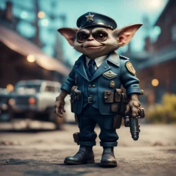 gremlins pimp policeman with rocket boots in the backyeard, in the style of a fallout 4,bokeh like f/0.8, tilt-shift lens 8k, high detail, smooth render, down-light, unreal engine, prize winning