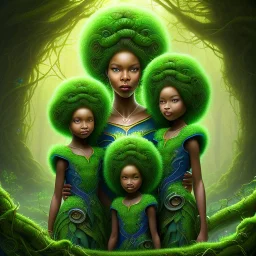 Painting .three women. A mother. Two daughter. Twins. A mother with her children the faces of three young black women. wood nymphs emerging from the forest. Her hair looks like vines. Dreadlocs. Her skin is the colour of dark soil. Her skin looks like tree bark. Her clothing is made of vines, grass and leaves.