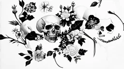 tracery of bones, flowers and skulls, black and white, minimalistic