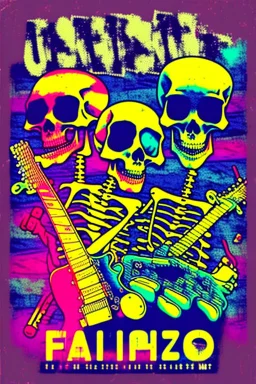 upclose tshirt print of a band,"Mashup" & "Cozy Condition", cool and trendy 90s funk vibe, selective colors, skeleton shadow figures, drums, guitars, fluits, chaotic