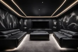 a black themed dedicated home cinema room with LED ambient lighting in the walls make sure the room is completely symmetrical