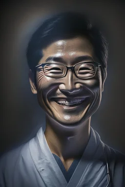 asian surgeon portrait smiling, scalpel pose, dark lighting, hyper-realistic