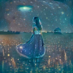 a young woman in a sleeveless dress in a field at night with lots of stars, looking at a UFO