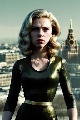 retro portrait image from 1960, Moscow background, wind, long hair, fighting stance, sweet young Scarlett Johansson, classic black tight lycra suit, metal stick weapon, gold bracelet and belt, high heel boots, soft color, highly detailed, unreal engine 5, ray tracing, RTX, lumen lighting, ultra detail, volumetric lighting, 3d, finely drawn, high definition, high resolution.