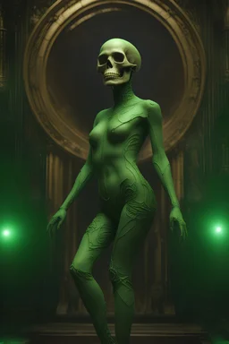 inspired by all the works of art in the world - A Fantastical Heavy Metal Rock and Roll Comedy in 3 notes - Zym Fandell, an extremely tiny, thin, voluptuous beautiful skull-faced Green Martian female, full body image, wearing a skinsuit, Absolute Reality, Reality engine, Realistic stock photo 1080p, 32k UHD, Hyper realistic, photorealistic, well-shaped, perfect figure, perfect face, a multicolored, watercolor stained, wall in the background,