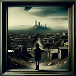 individual far away, album art work, cool, vintage, music, far away, city in the distance, art, frame, graphic design