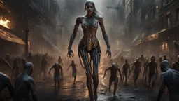 a horrifying female banshee leading an army of rotting zombies through burning city. the naked truth. fantasy setting. h.r. giger. armor melted into the skin. blood. intense horror. blind terror. scared to death. a masterpiece, fantasy concept art, dynamic lighting, hyperdetailed, intricately detailed, deep color, Unreal Engine, volumetric lighting, Epic cinematic brilliant stunning intricate meticulously detailed dramatic atmospheric maximalist digital matte painting