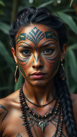 ultra HD shot of a strong young woman with a mask Mayan features, tribal tattoos, textured copper skin, tribal jewelry, large, Background of the figure in a jungle environment.