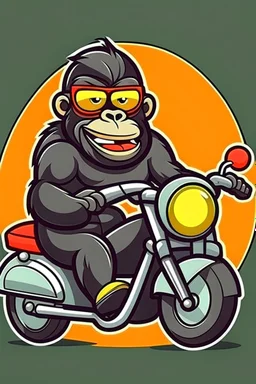 Gorrila riding on a fast scooter, with sunglasses, making a silly face, cartoonize, logo