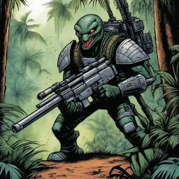 hidden predator [illustration by Kevin Eastman and Peter Laird] in the jungle tactic squadron member trained to kill PREDATORS, helicopterus alien with a lot of mini guns
