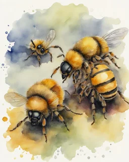 three bees under the hive watercolor drawing