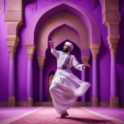 Hyper Realistic Sufi Darwesh dancing in a beautiful Purple wall Mosque