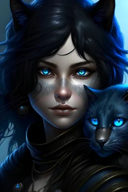 cat humanoid, ranger, blue eyes, black fur, fantasy art