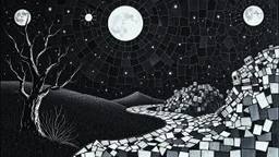 mosaic art style: The strange dreamwalker at night, dada, surreal,art brut, outsider art, monochrome, minimal