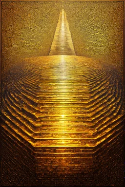 "Cymatics meets ancient architecture" is an artwork showing that at 220Hz, the ripple tank glows with golden light as a crystal lattice forms, a square-shaped pattern with 3D depth, its edges stepping down like a ziggurat; Modern Celestial Symbolic Art with a golden color palette inspired by Gustav Klimt