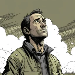 man, chevy chase, looking at the sky, looking serious, comic book, post-apocalypse, grey background, illustration,