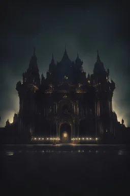 یک کاخ تاریک در شب که دور و برش چراغ روشنه