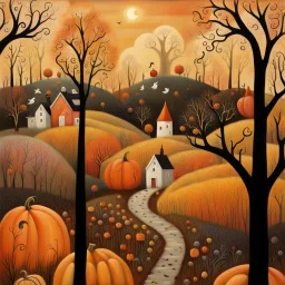 Painting of a path through a pumpkin patch, swan country, whimsical art, late autumn, village in the woods, Jane Newland, whimsical fantasy landscape art, spooky autumn colors, in autumn, by Janet Archer, by Sheila McLean, very coherent works Stylish Art, by Elaine Hamilton, Landscape Works, by Jane Kelly, Amazing Art, by Tom Scott RSA