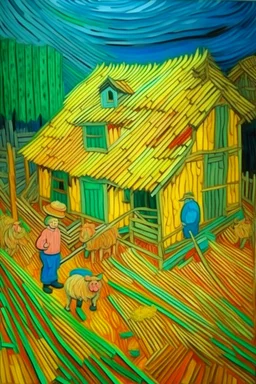 cuento "Los tres cerditos", imagen de la escena principal, construyendo las tres casas( paja, palos y materia). con un estilo Vincent van Gogh