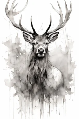 black and white sketch of a stag, ink drawing, woodland, white background, drawing by Carne Griffiths
