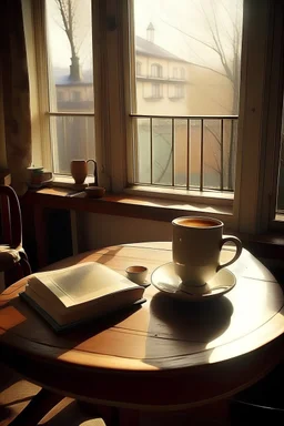Imagine a cup of coffee on a table beside it there is a novel all next to a window that gets sun from it