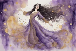 Dynamically dancing long haired brunette woman, in Klimt style, in lilac, watercolor and ink, golden glitters