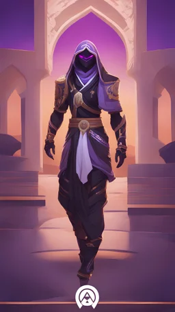 A close picture to Ramattra nemesis form as tank with Arab clothes in overwatch art style with black color and neon purple details in Desert