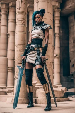 woman in retro-futurist cyberpunk costuming leaning to the side against a stone pillar of a Egyptian + cyberpunk post apocalyptic building, 2 swords in scabbards at hip