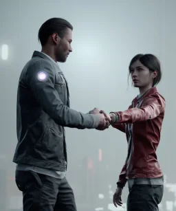 detroit become human, two people looking at each other, real Handshake 10 fingers , sci-fi fantasy style, volumetric lighting, particales,highly detailed,cinamatic, deep colours,8k.