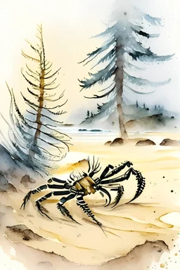 Scorpion on a cold northern beach with pine trees and greybrown sand. Cheery dreamy watercolor