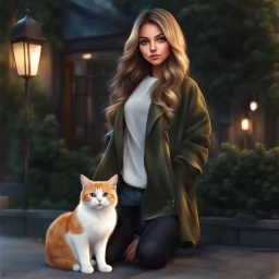 very beautiful realistic cartoon girl with cat