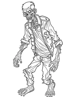 outline art for halloween coloring pages for kids with zombie, white background, Sketch style, full body, only use outline, clean line art, white background, no shadows and clear and well outlined, coloring page for kids,