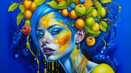 blue background, Punk Woman 49 years old, hair made of Fruits, Grapes, tangerines, gold, gouache, watercolor, acrylic, paint drips, branches, fine drawing, golden makeup, bees, tattoo, alien, bright colors, fine drawing, double exposure , high detail, high resolution, 8K, 3D, bees,