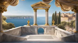 a roman capital divided by a river next to the ocean. busting with life. seen from a hill. perfect symmetry. marble and gold. fantasy.