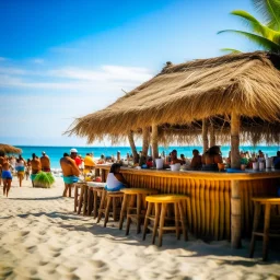 thatched awning tropical beach bar with a coconut theme, busy with tourists in Hawaiian shirts, white sand and coconut trees in background, azure blue water