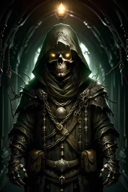 zombie warlock with leather armor and hood, covered with mushrooms in a dark tunnel, quarterstaff, spider on shoulder, digital art, realistic