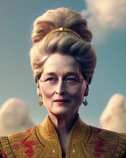 beautiful illustration of a heavyset merryl streep in the mountains, in the style viktor klint and moebius, rim light, vibrant moody colors, plain background, soft lighting, unreal engine