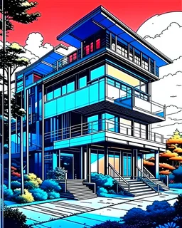 A modern country house, neofuturistic, retro anime art style, contrasting colors. Ultra quality, hyper detailed