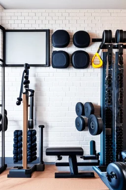 Home gym, wall with a kabinet with weights and small gym equipment.