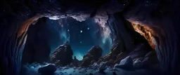 rocky cave . rocky cliff, carved into the rock, galaxy, infinity, space.