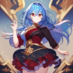 Clear focus, High resolution, rough line art, cute, cartoon, medium blue hair, hair between eyes, fluffy hair, red eyes, super cool outfit with a split skirt, black red and gold color scheme, wearing a skirt