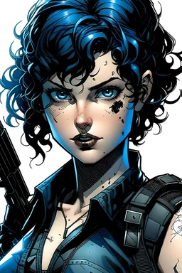 comic book, goth fem teenager with short curly black hair, angelical face, tall and muscular built, agent SAS, aqua blue eyes and full lips. she's is mostly angry and angsty but beautiful, loves crosses, and uses uniform sas