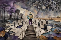inner world this atypical world, in midle one alone human figure with a big map his hands in weird alternative clothes stands on the thin bridge , weird whimsical landscape, forest, and Sahara water and rocks,, around surreal cracked painted weird land with some black doors. dark purple, gray, black, white, brown. Whimsical style of Chagall , of Minjae Lee and Anton Semenov, lonely with absurd beauty. broken, weird bizarr,e absurd nightmare, neuron network background, surreal vibe